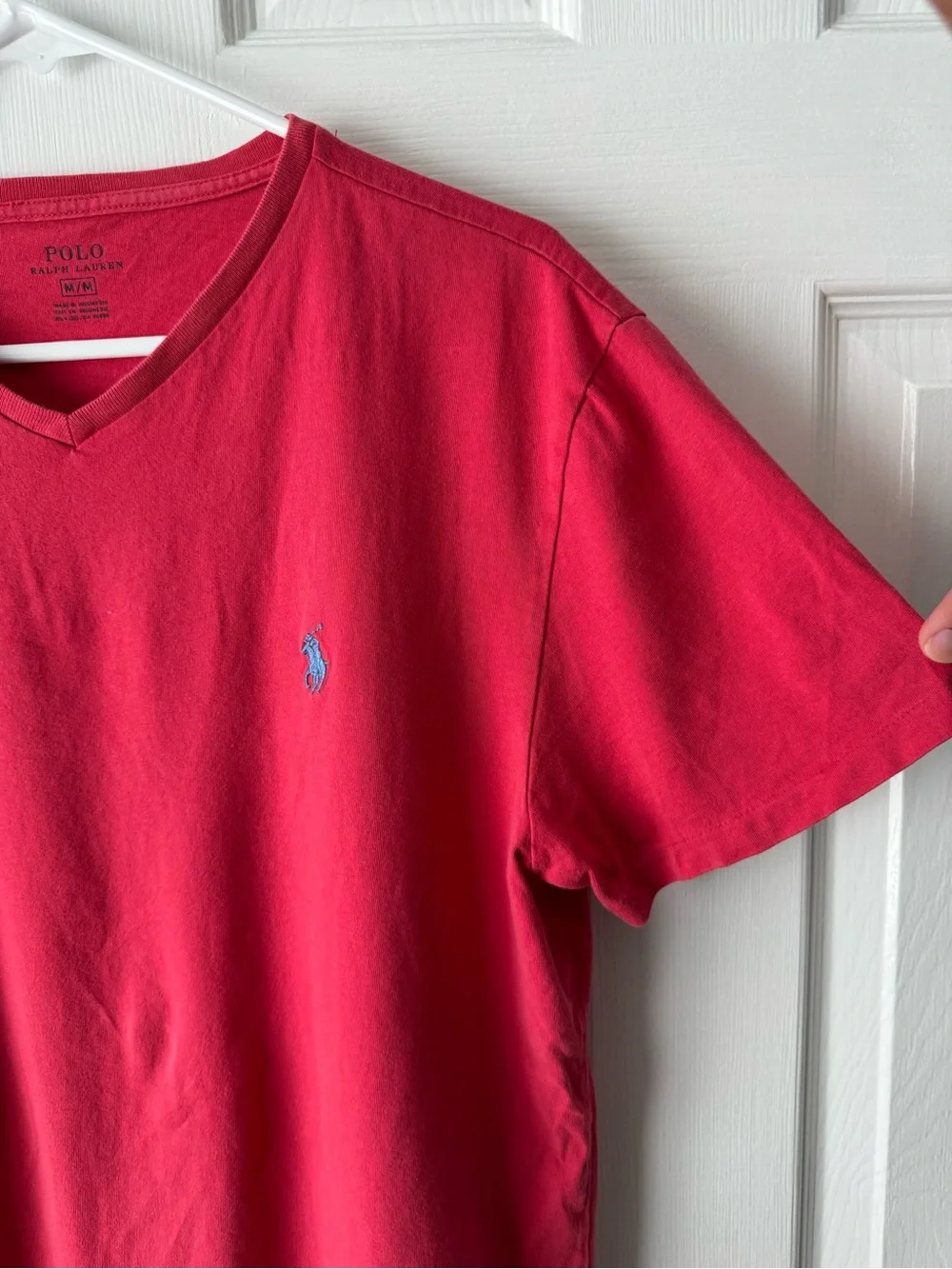 Polo Ralph Lauren Red V Neck T Shirt M Cotton Blue Pony Quiet Luxury Embroidered